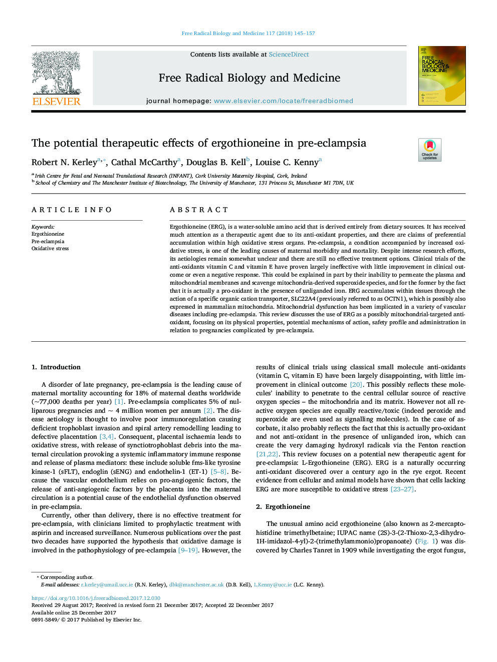 The potential therapeutic effects of ergothioneine in pre-eclampsia