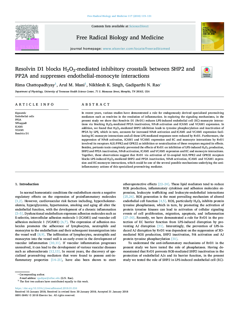 Resolvin D1 blocks H2O2-mediated inhibitory crosstalk between SHP2 and PP2A and suppresses endothelial-monocyte interactions