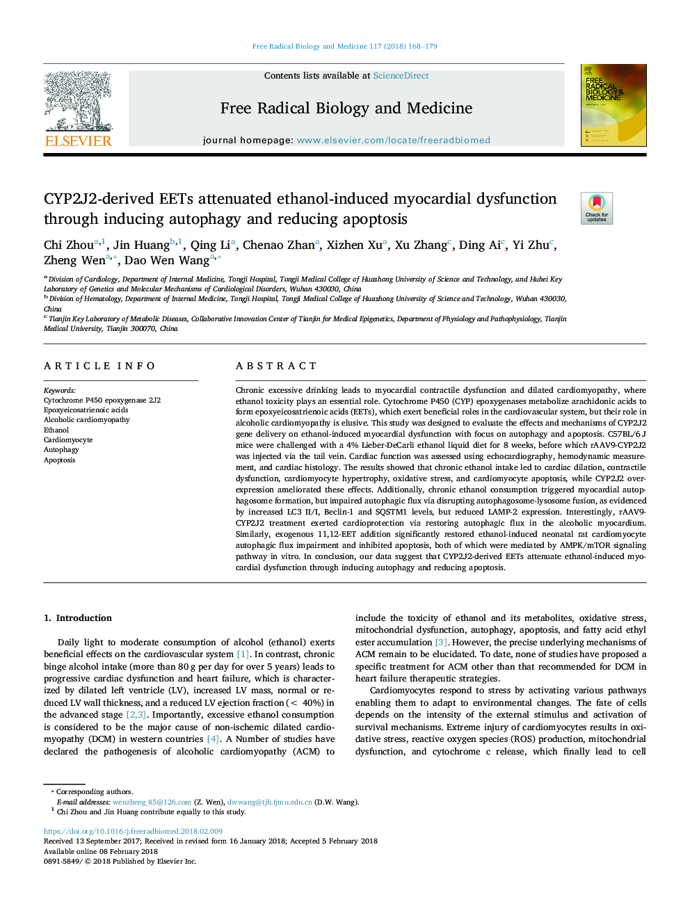 CYP2J2-derived EETs attenuated ethanol-induced myocardial dysfunction through inducing autophagy and reducing apoptosis