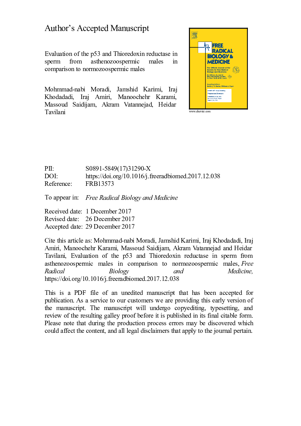 Evaluation of the p53 and Thioredoxin reductase in sperm from asthenozoospermic males in comparison to normozoospermic males