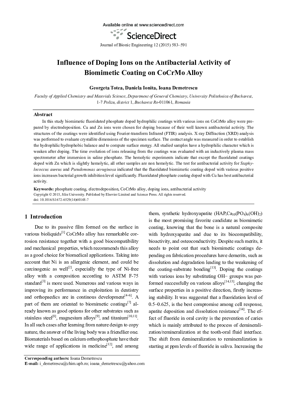 Influence of Doping Ions on the Antibacterial Activity of Biomimetic Coating on CoCrMo Alloy