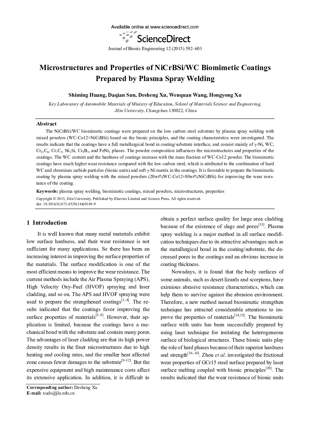 Microstructures and Properties of NiCrBSi/WC Biomimetic Coatings Prepared by Plasma Spray Welding