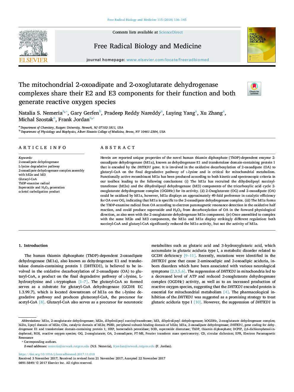 The mitochondrial 2-oxoadipate and 2-oxoglutarate dehydrogenase complexes share their E2 and E3 components for their function and both generate reactive oxygen species