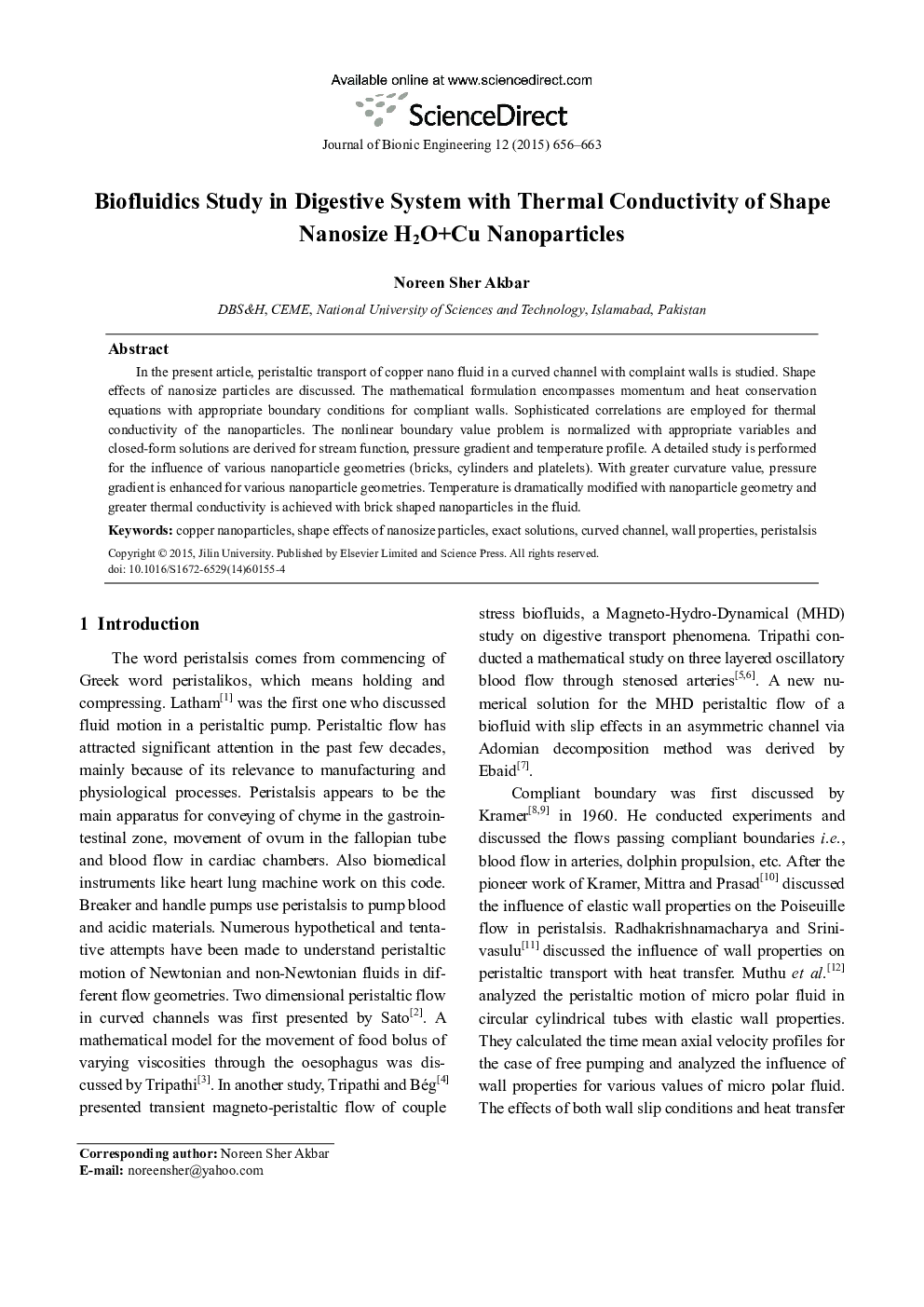 Biofluidics Study in Digestive System with Thermal Conductivity of Shape Nanosize H2O+Cu Nanoparticles