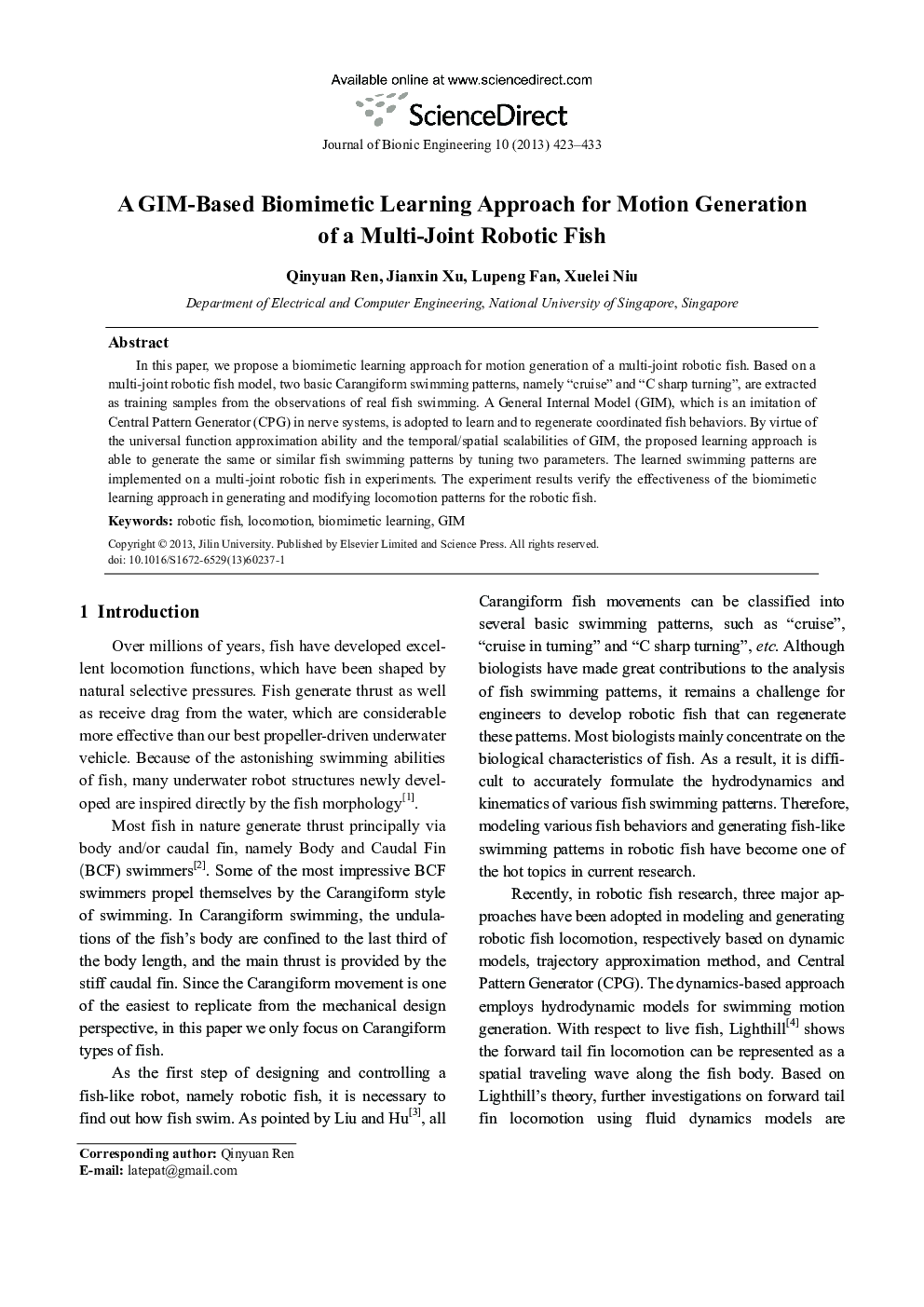 A GIM-Based Biomimetic Learning Approach for Motion Generation of a Multi-Joint Robotic Fish