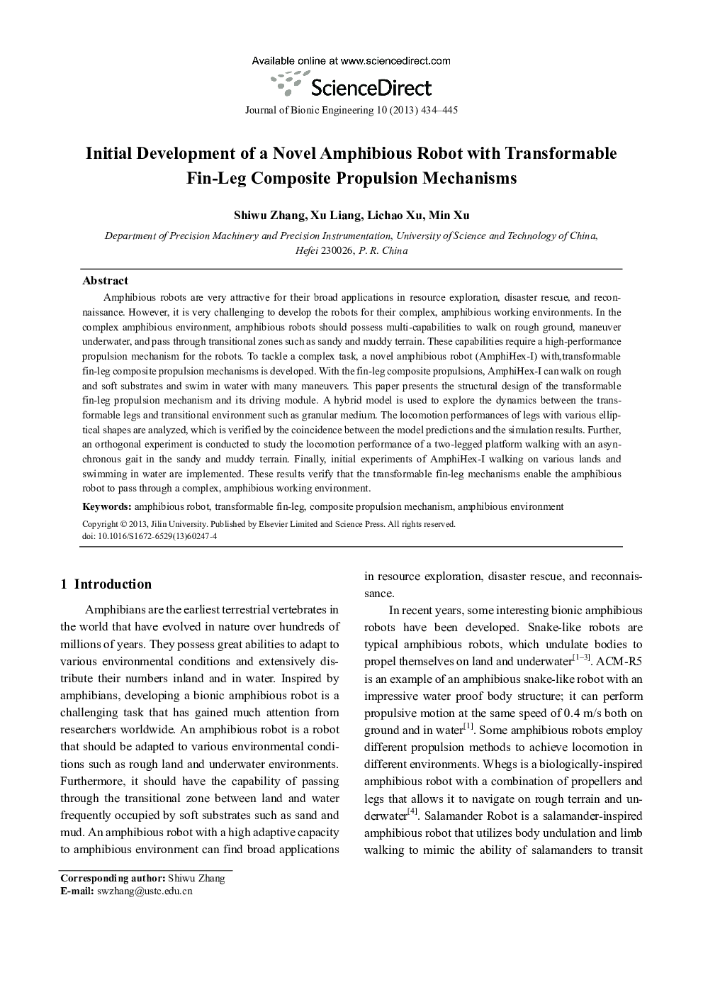 Initial Development of a Novel Amphibious Robot with Transformable Fin-Leg Composite Propulsion Mechanisms