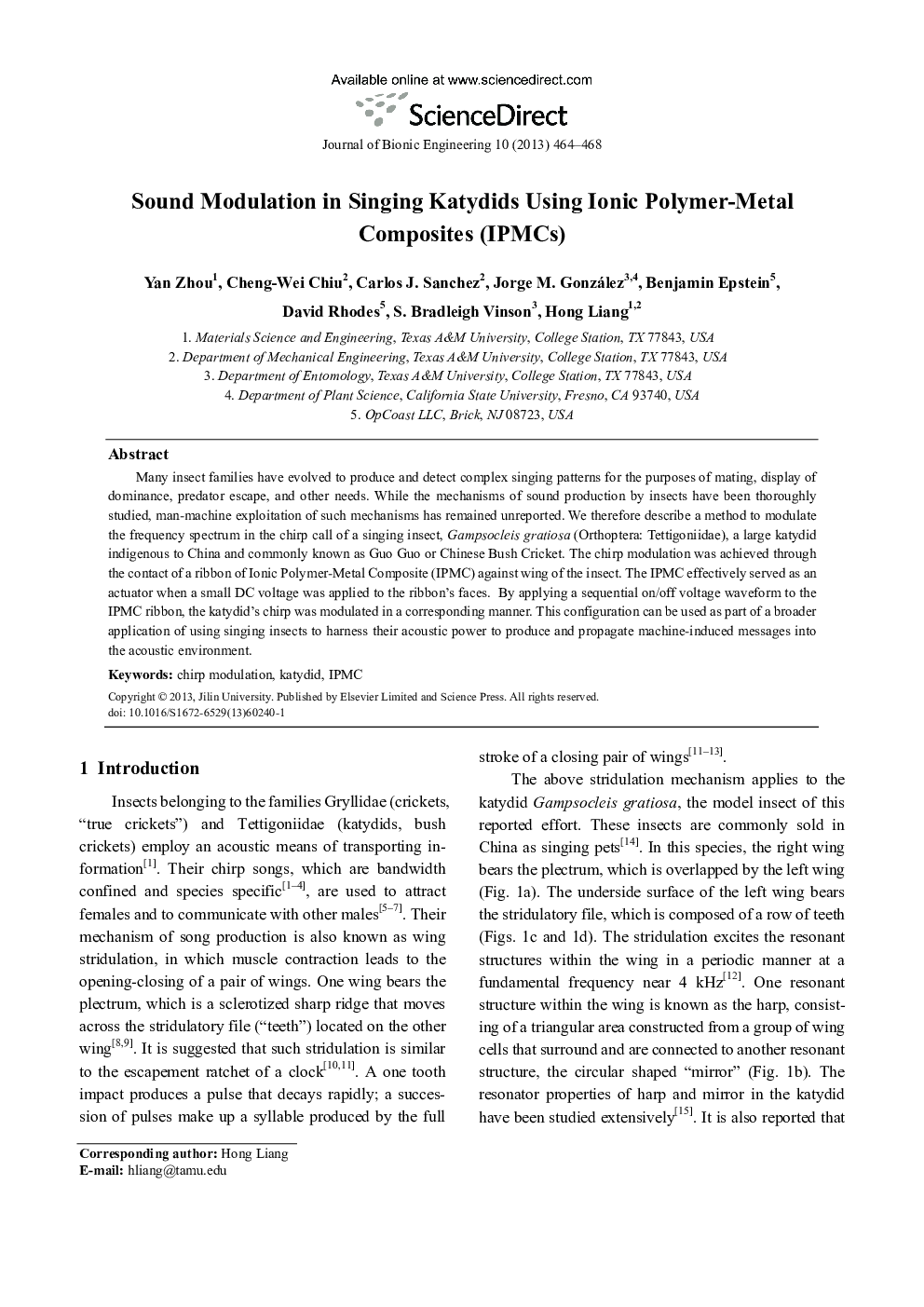 Sound Modulation in Singing Katydids Using Ionic Polymer-Metal Composites (IPMCs)