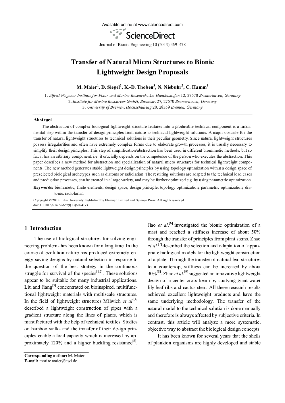 Transfer of Natural Micro Structures to Bionic Lightweight Design Proposals