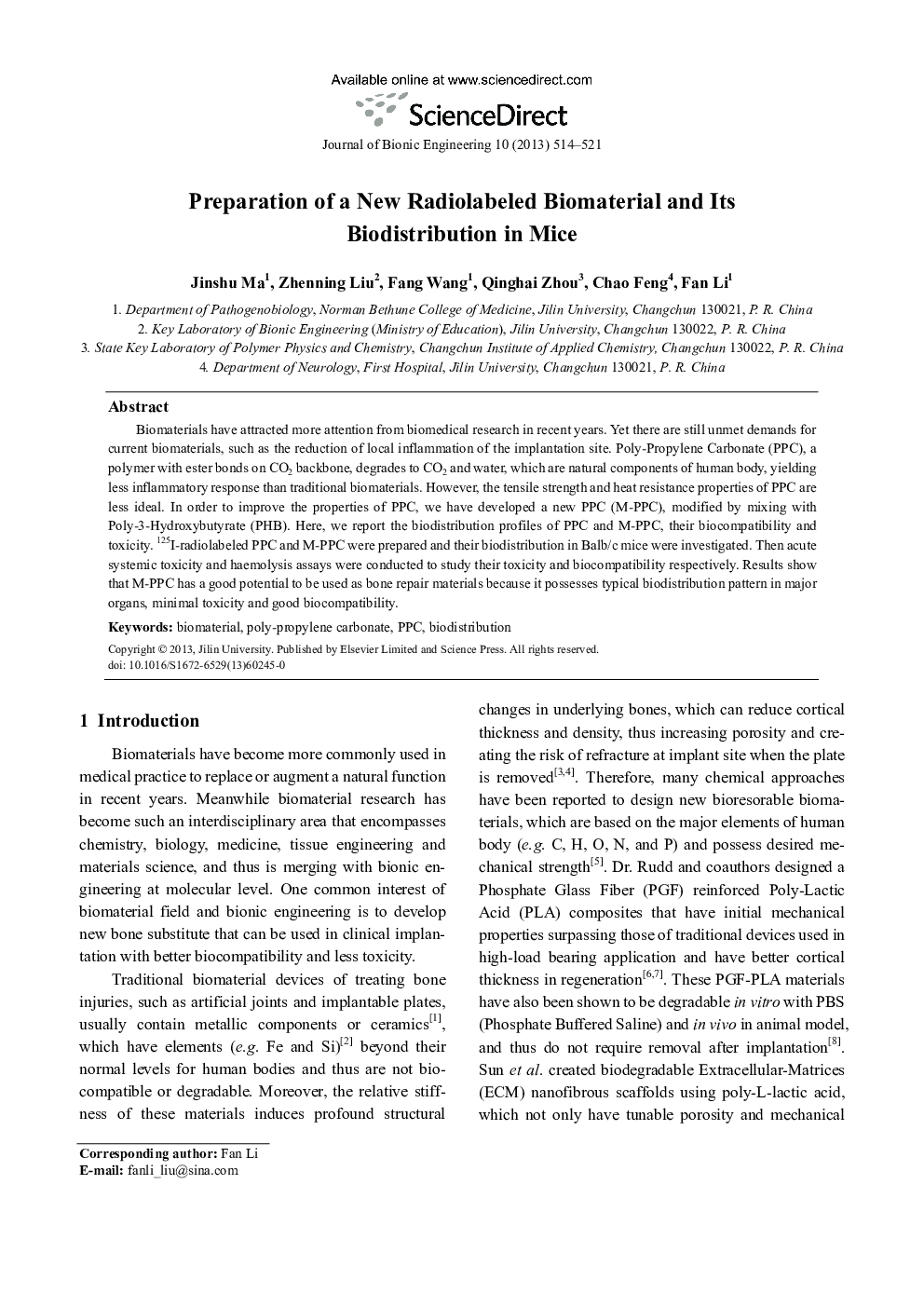 Preparation of a New Radiolabeled Biomaterial and Its Biodistribution in Mice