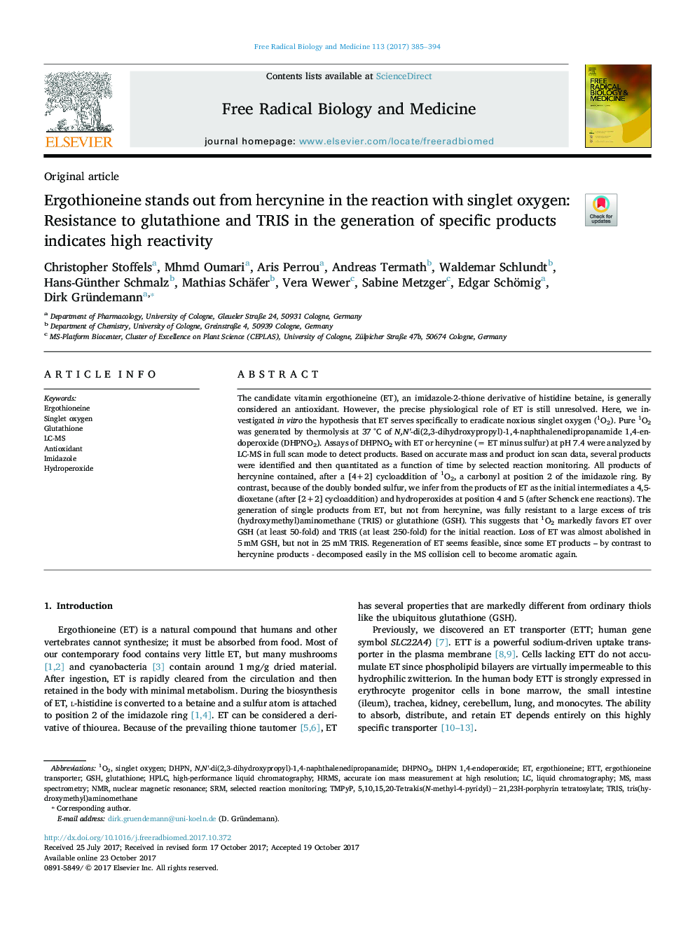 Ergothioneine stands out from hercynine in the reaction with singlet oxygen: Resistance to glutathione and TRIS in the generation of specific products indicates high reactivity