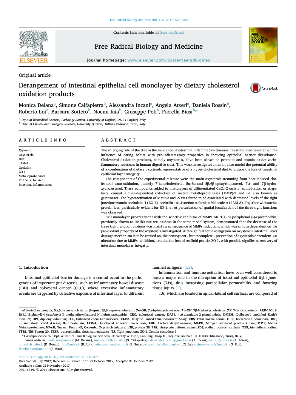 Derangement of intestinal epithelial cell monolayer by dietary cholesterol oxidation products