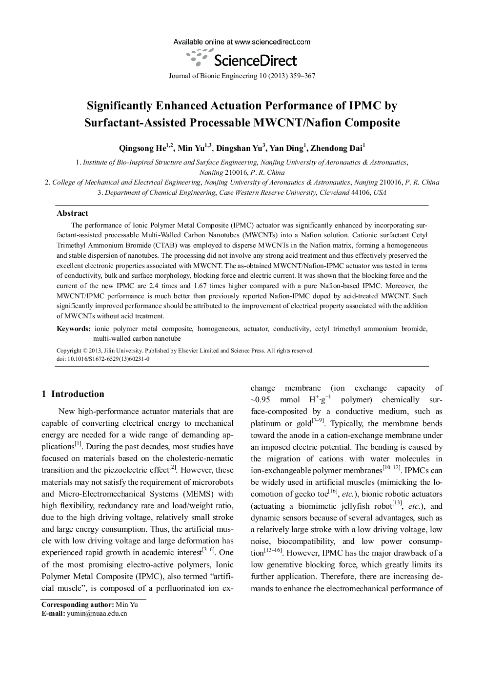 Significantly Enhanced Actuation Performance of IPMC by Surfactant-Assisted Processable MWCNT/Nafion Composite