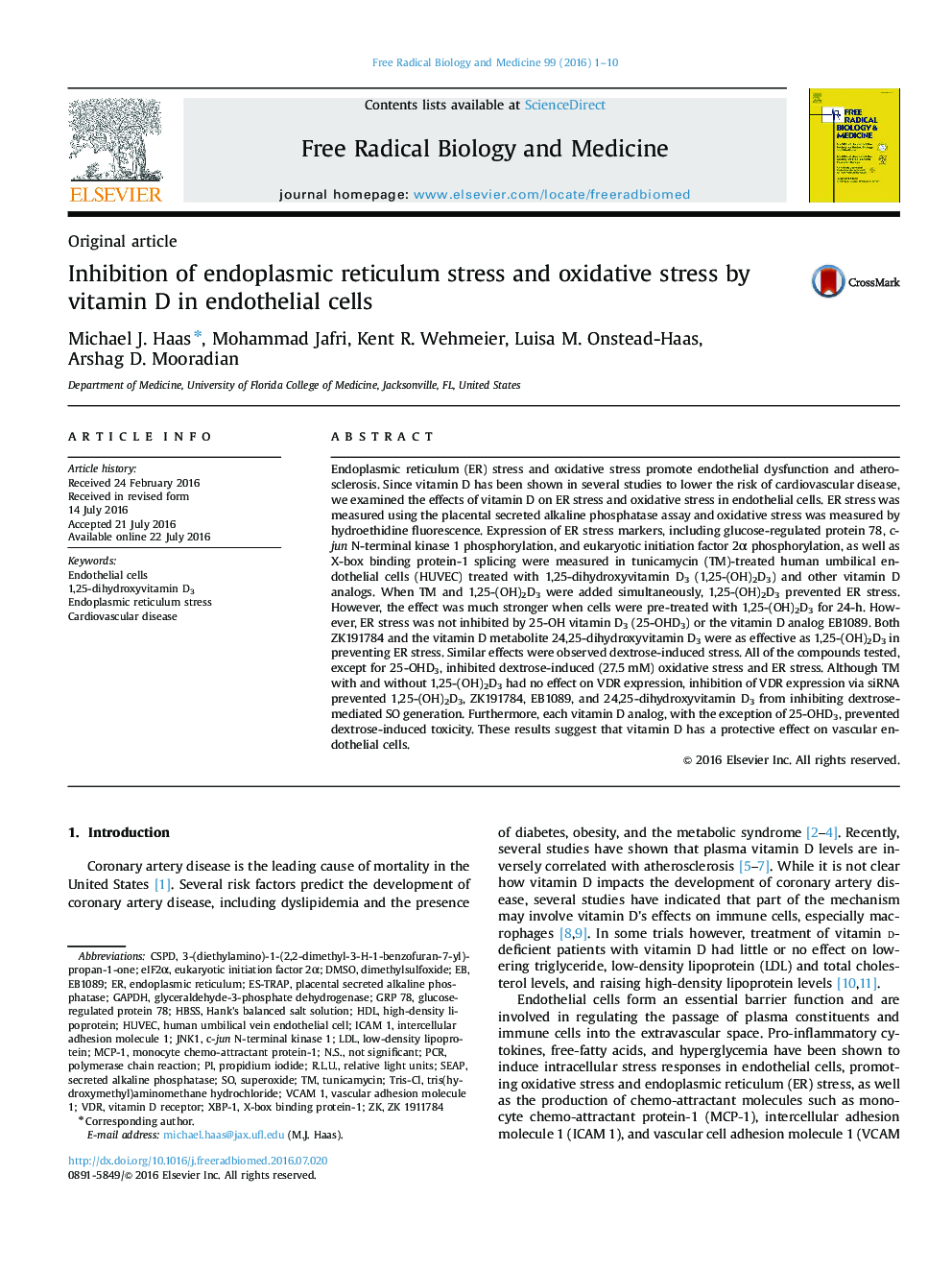 Inhibition of endoplasmic reticulum stress and oxidative stress by vitamin D in endothelial cells