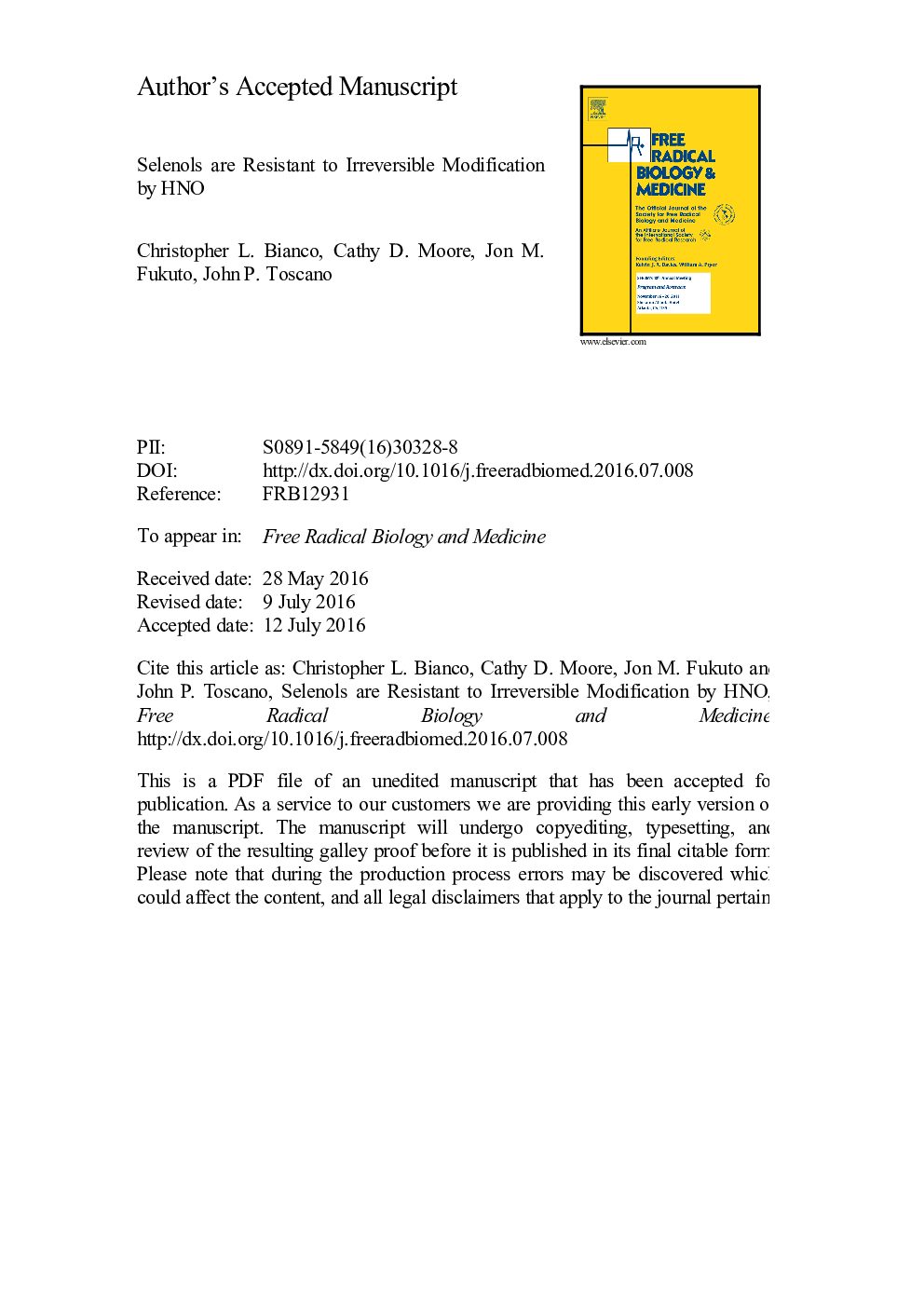 Selenols are resistant to irreversible modification by HNO