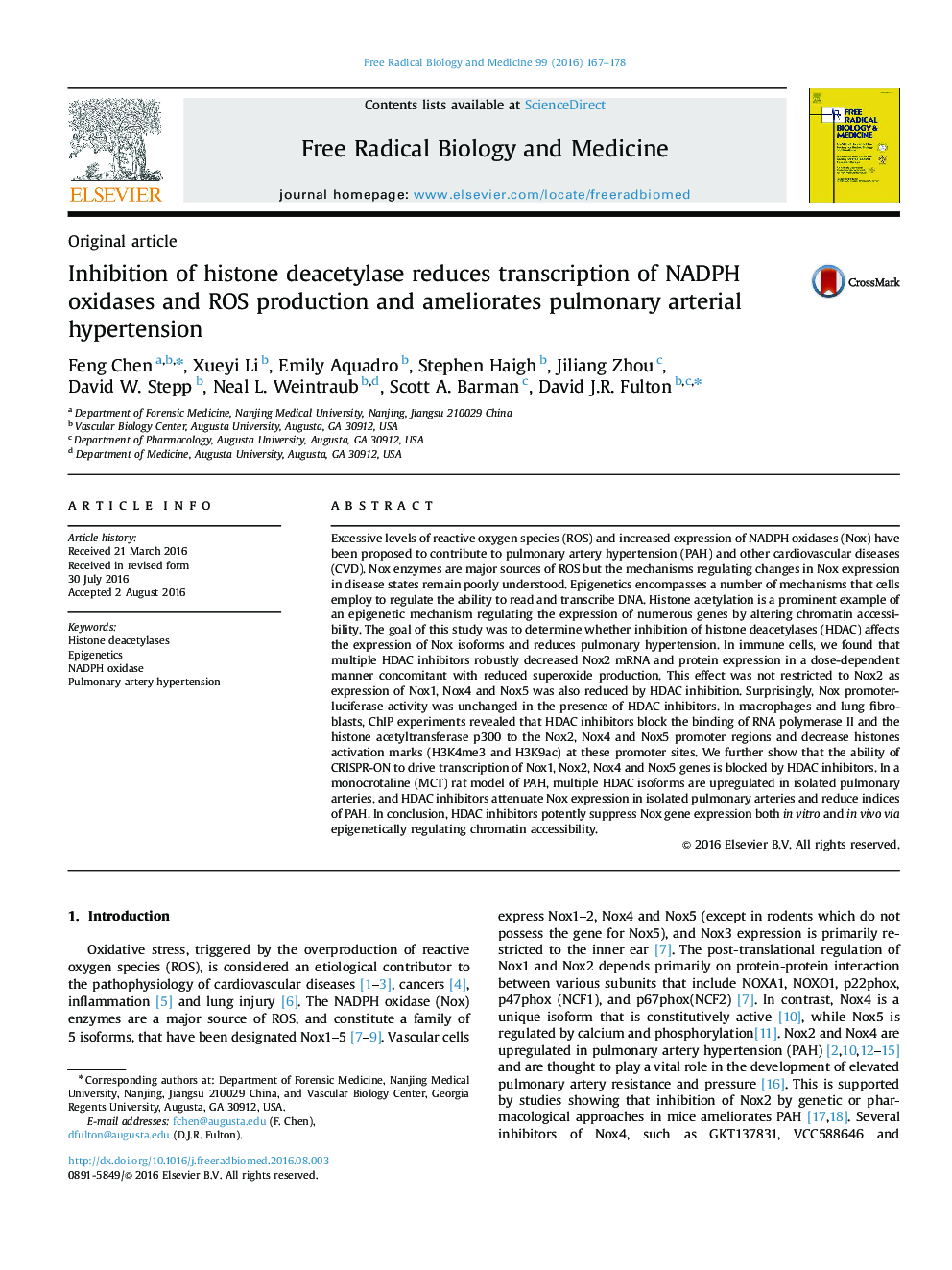 Inhibition of histone deacetylase reduces transcription of NADPH oxidases and ROS production and ameliorates pulmonary arterial hypertension