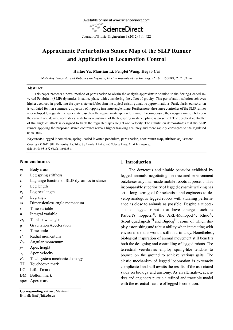 Approximate Perturbation Stance Map of the SLIP Runner and Application to Locomotion Control
