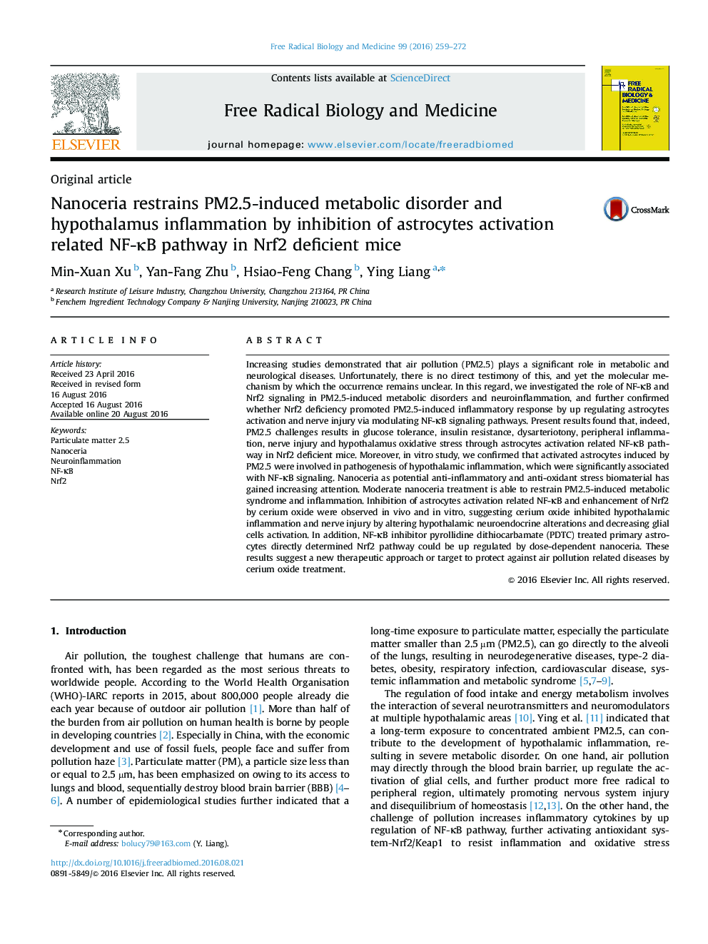 Nanoceria restrains PM2.5-induced metabolic disorder and hypothalamus inflammation by inhibition of astrocytes activation related NF-ÎºB pathway in Nrf2 deficient mice