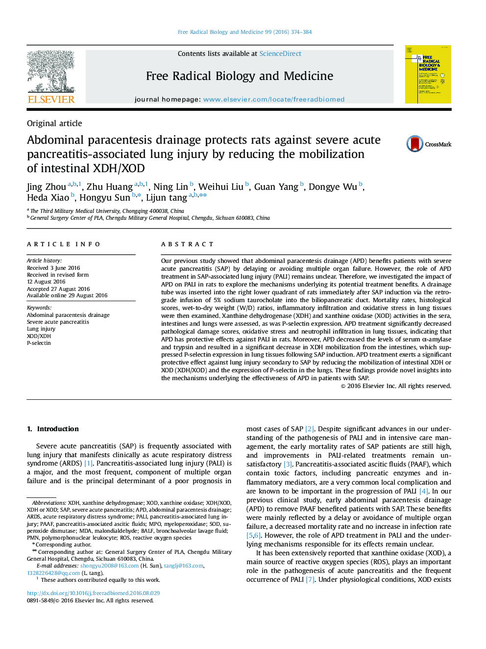 Abdominal paracentesis drainage protects rats against severe acute pancreatitis-associated lung injury by reducing the mobilization of intestinal XDH/XOD