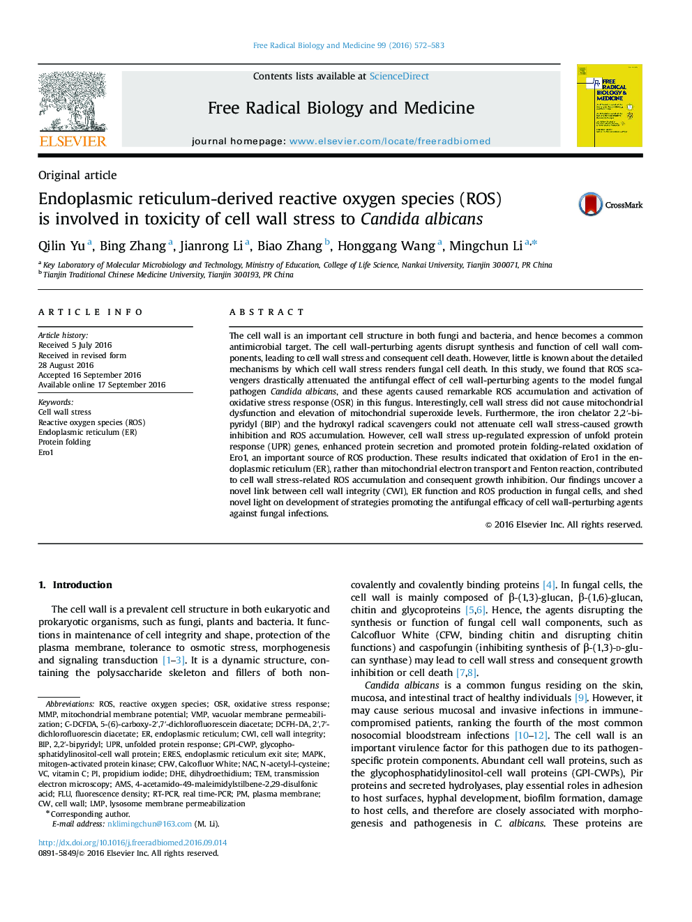 Endoplasmic reticulum-derived reactive oxygen species (ROS) is involved in toxicity of cell wall stress to Candida albicans