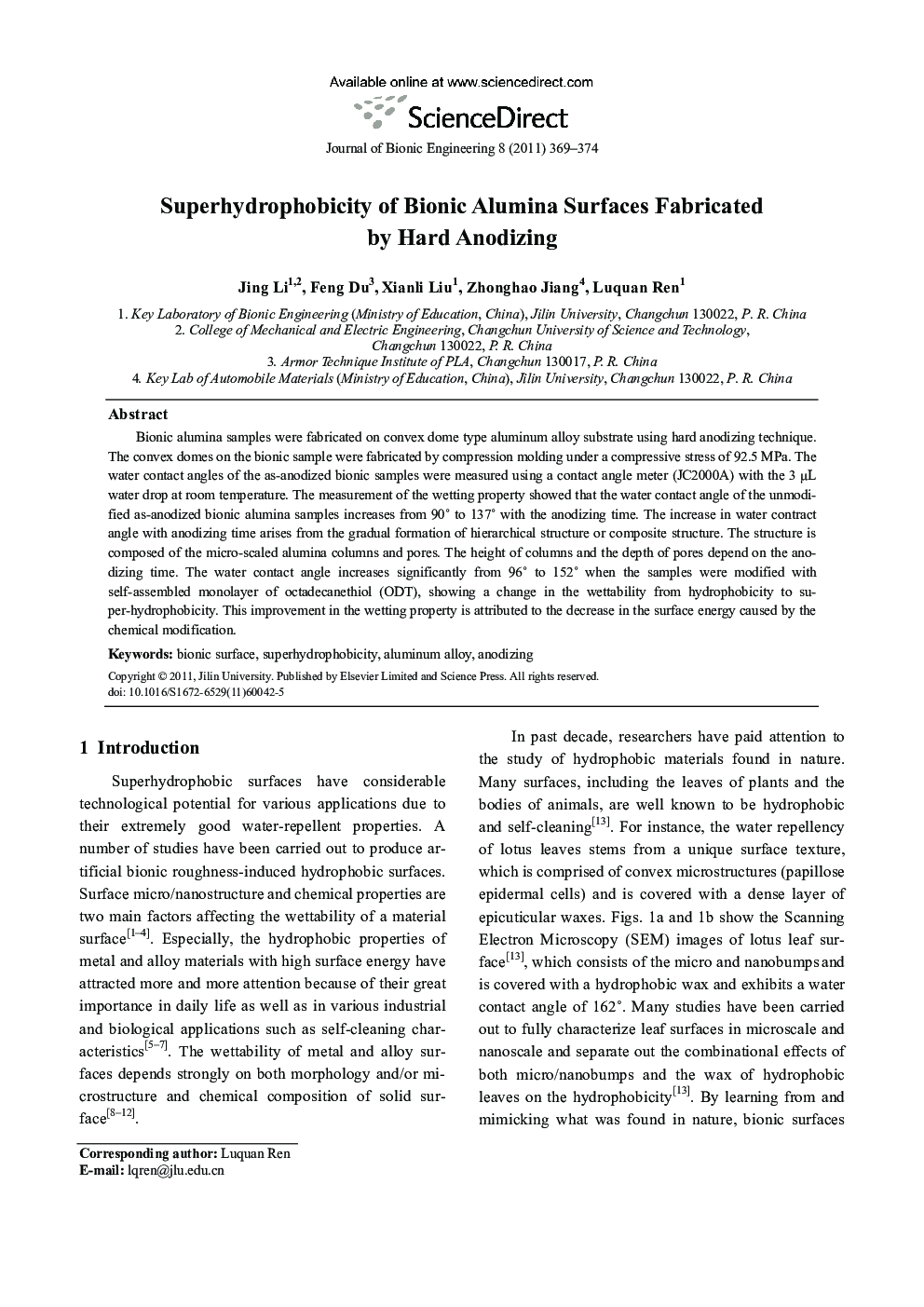Superhydrophobicity of Bionic Alumina Surfaces Fabricated by Hard Anodizing