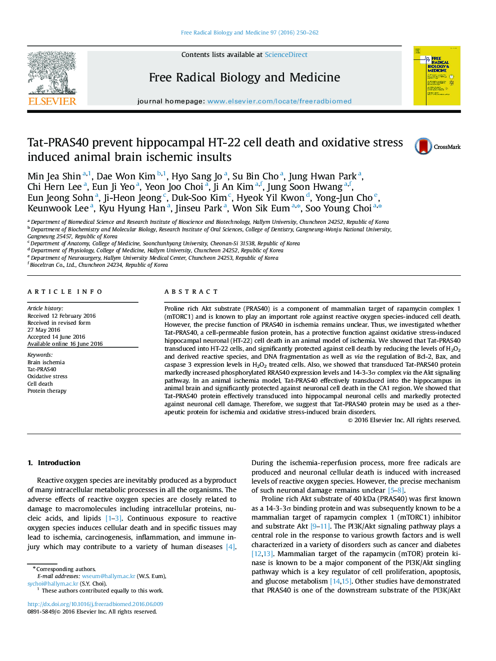 Tat-PRAS40 prevent hippocampal HT-22 cell death and oxidative stress induced animal brain ischemic insults