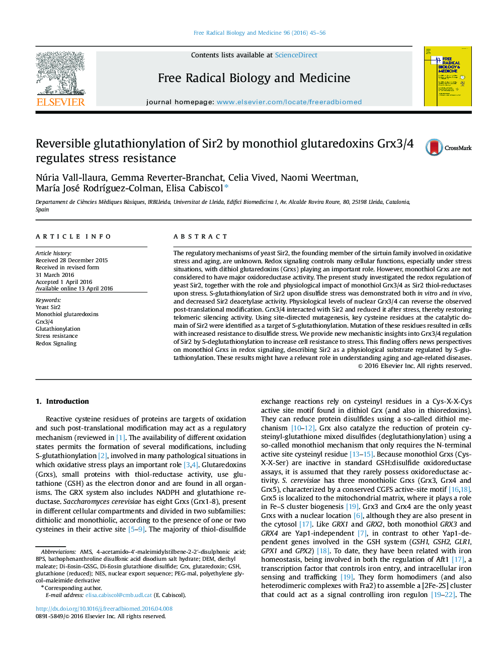 Reversible glutathionylation of Sir2 by monothiol glutaredoxins Grx3/4 regulates stress resistance