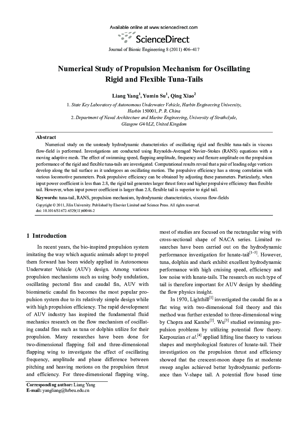 Numerical Study of Propulsion Mechanism for Oscillating Rigid and Flexible Tuna-Tails