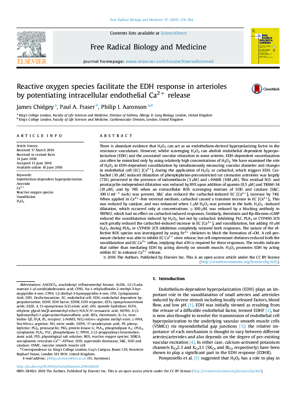 Reactive oxygen species facilitate the EDH response in arterioles by potentiating intracellular endothelial Ca2+ release