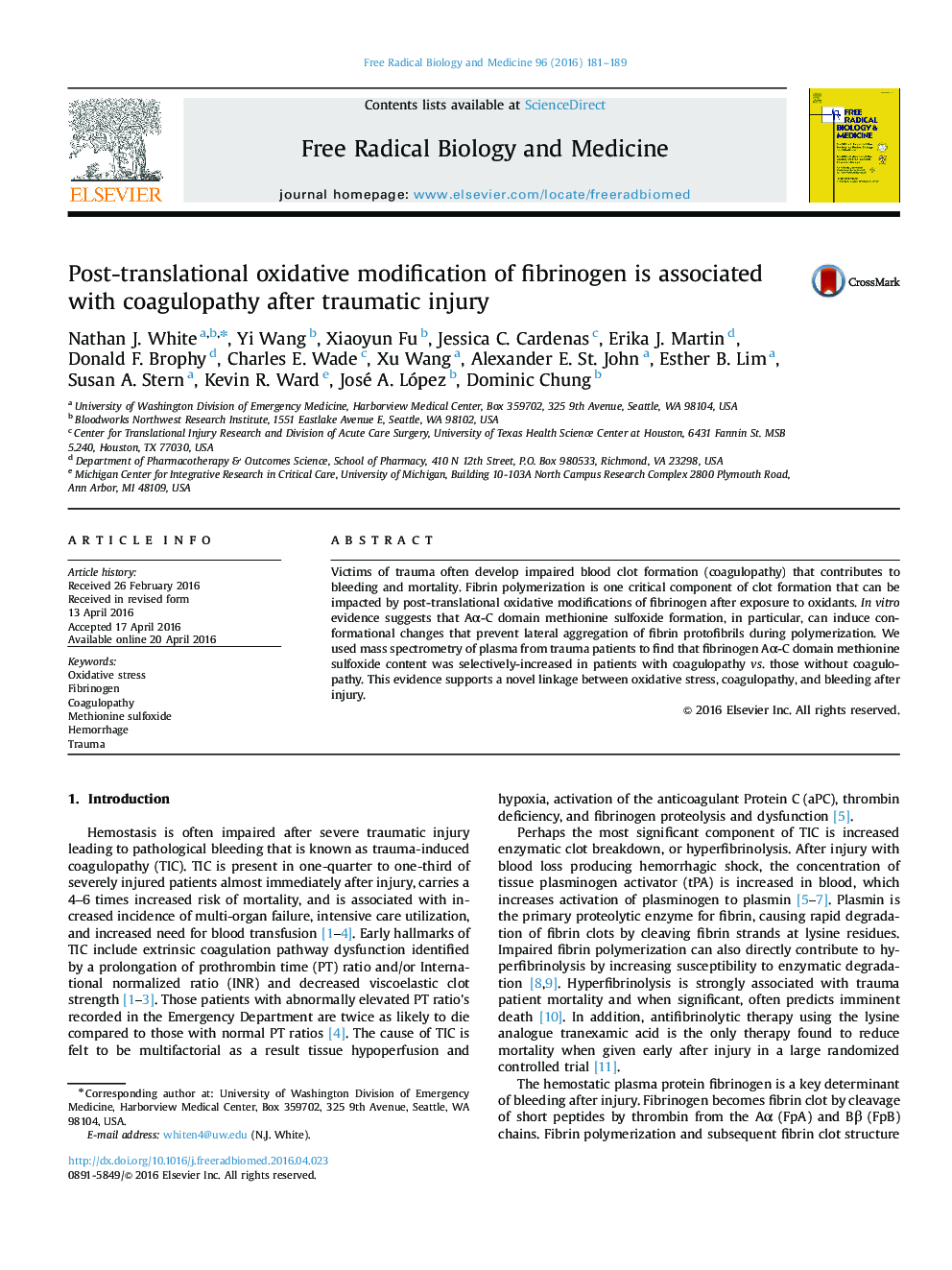 Post-translational oxidative modification of fibrinogen is associated with coagulopathy after traumatic injury