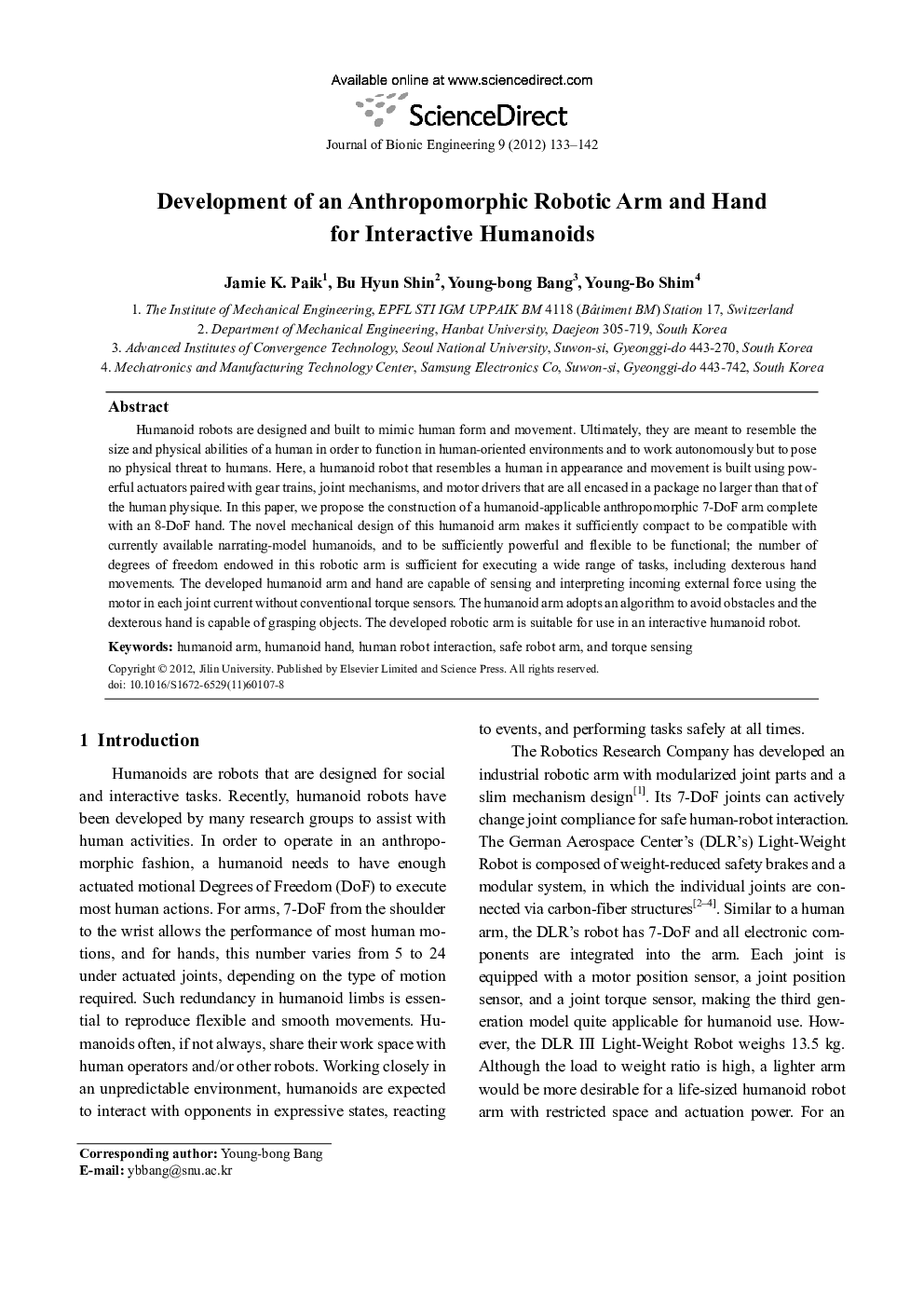 Development of an Anthropomorphic Robotic Arm and Hand for Interactive Humanoids