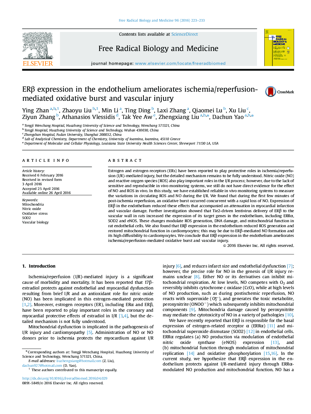 ERÎ² expression in the endothelium ameliorates ischemia/reperfusion-mediated oxidative burst and vascular injury