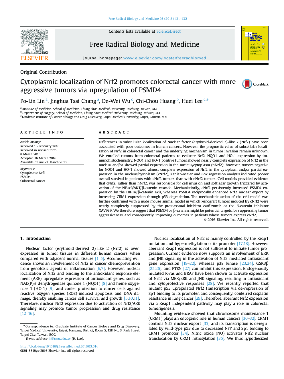 عکس صفحه اول مقاله: Cytoplasmic localization of Nrf2 promotes colorectal cancer with more aggressive tumors via upregulation of PSMD4 Cytoplasmic localization of Nrf2 promotes colorectal cancer with more aggressive tumors via upregulation of PSMD4