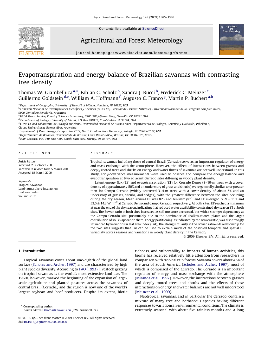 Evapotranspiration and energy balance of Brazilian savannas with contrasting tree density