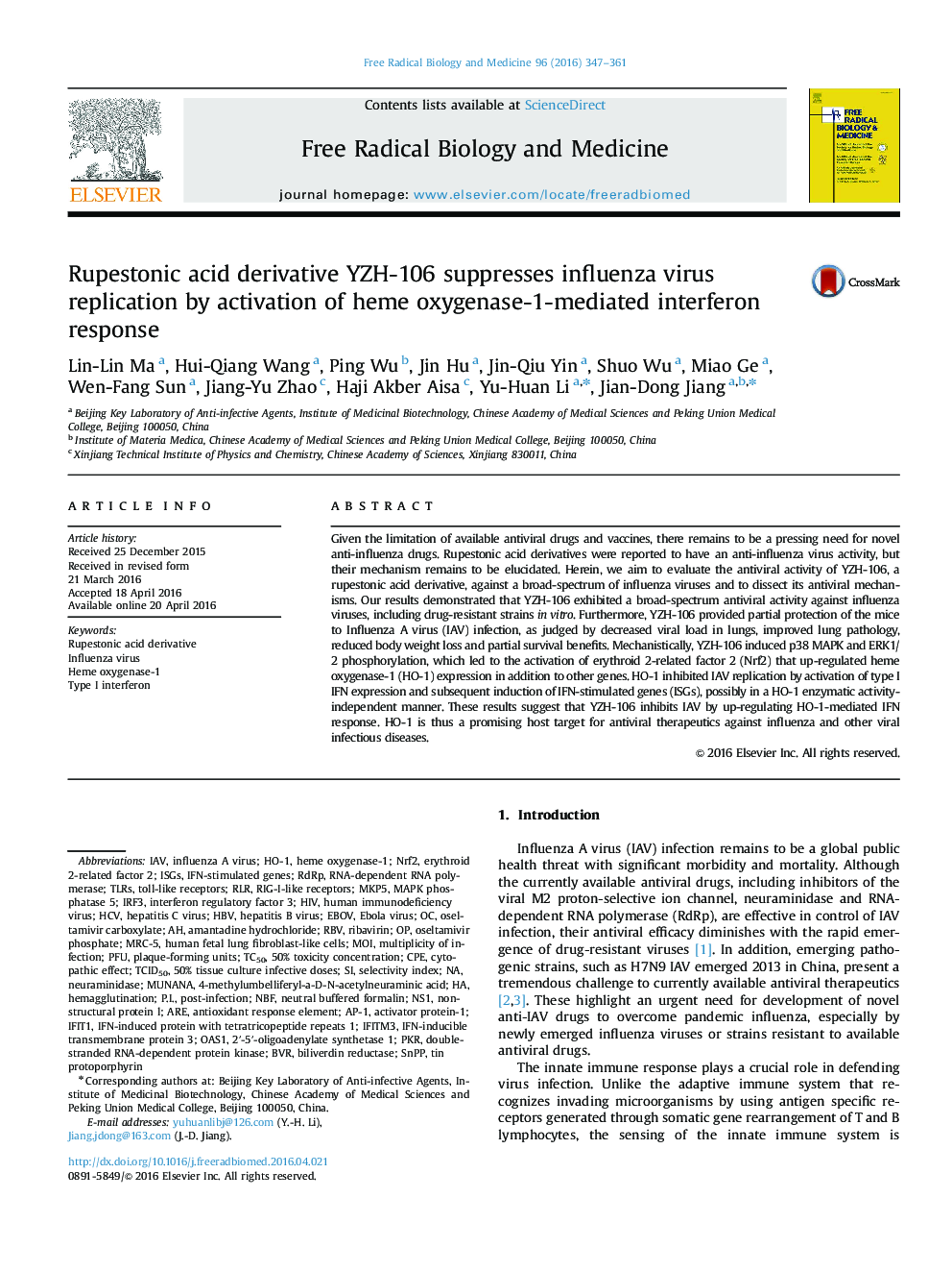 Rupestonic acid derivative YZH-106 suppresses influenza virus replication by activation of heme oxygenase-1-mediated interferon response