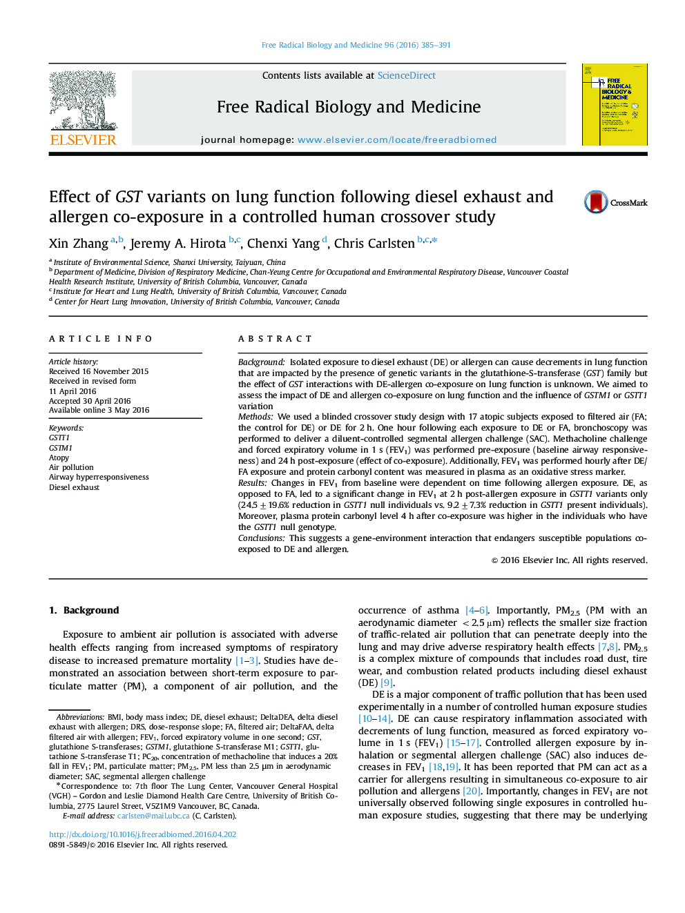 Effect of GST variants on lung function following diesel exhaust and allergen co-exposure in a controlled human crossover study