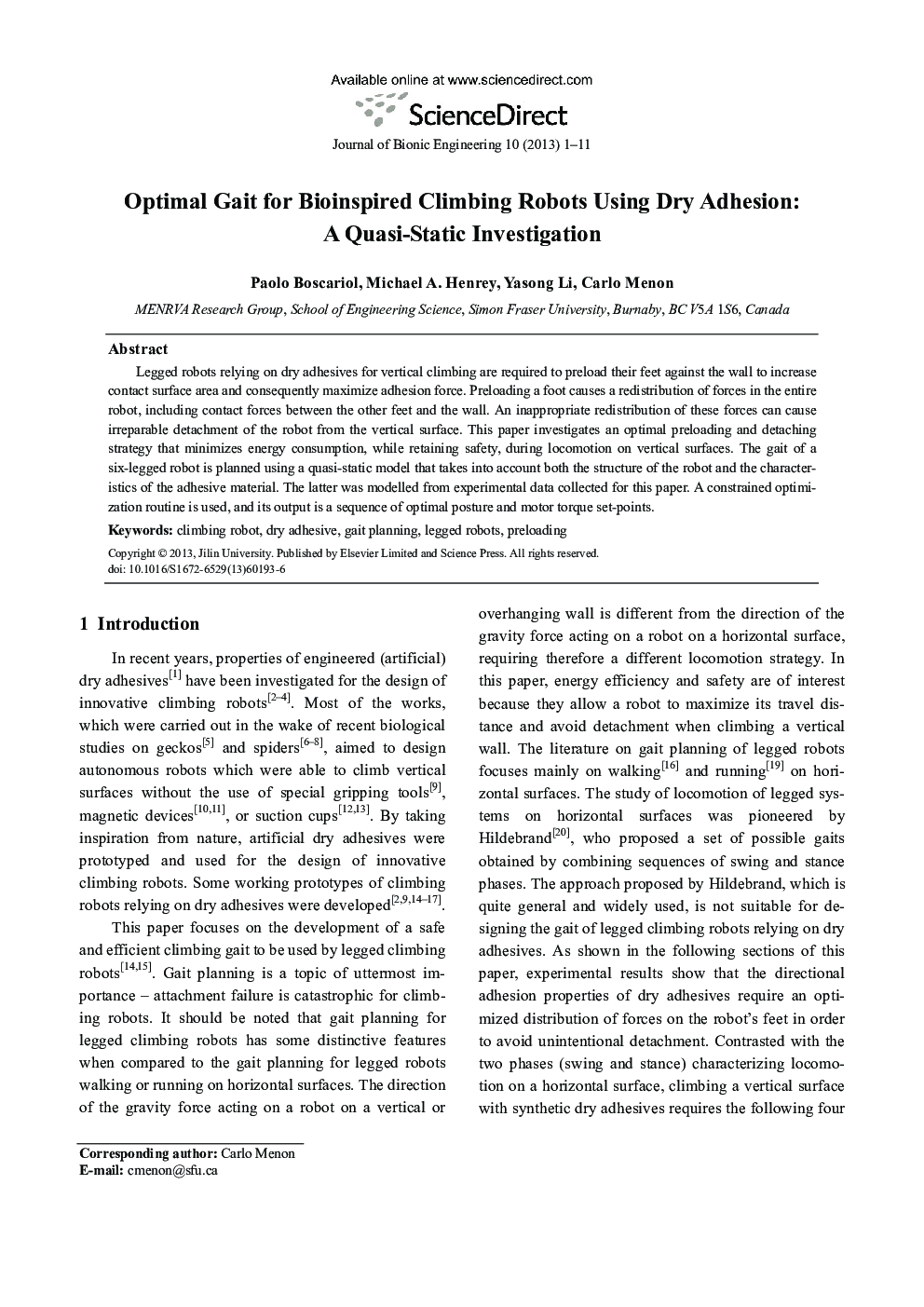 Optimal Gait for Bioinspired Climbing Robots Using Dry Adhesion: A Quasi-Static Investigation
