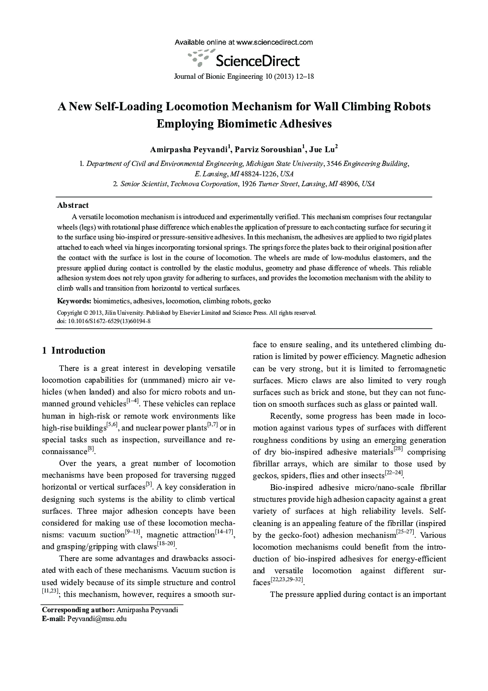 A New Self-Loading Locomotion Mechanism for Wall Climbing Robots Employing Biomimetic Adhesives