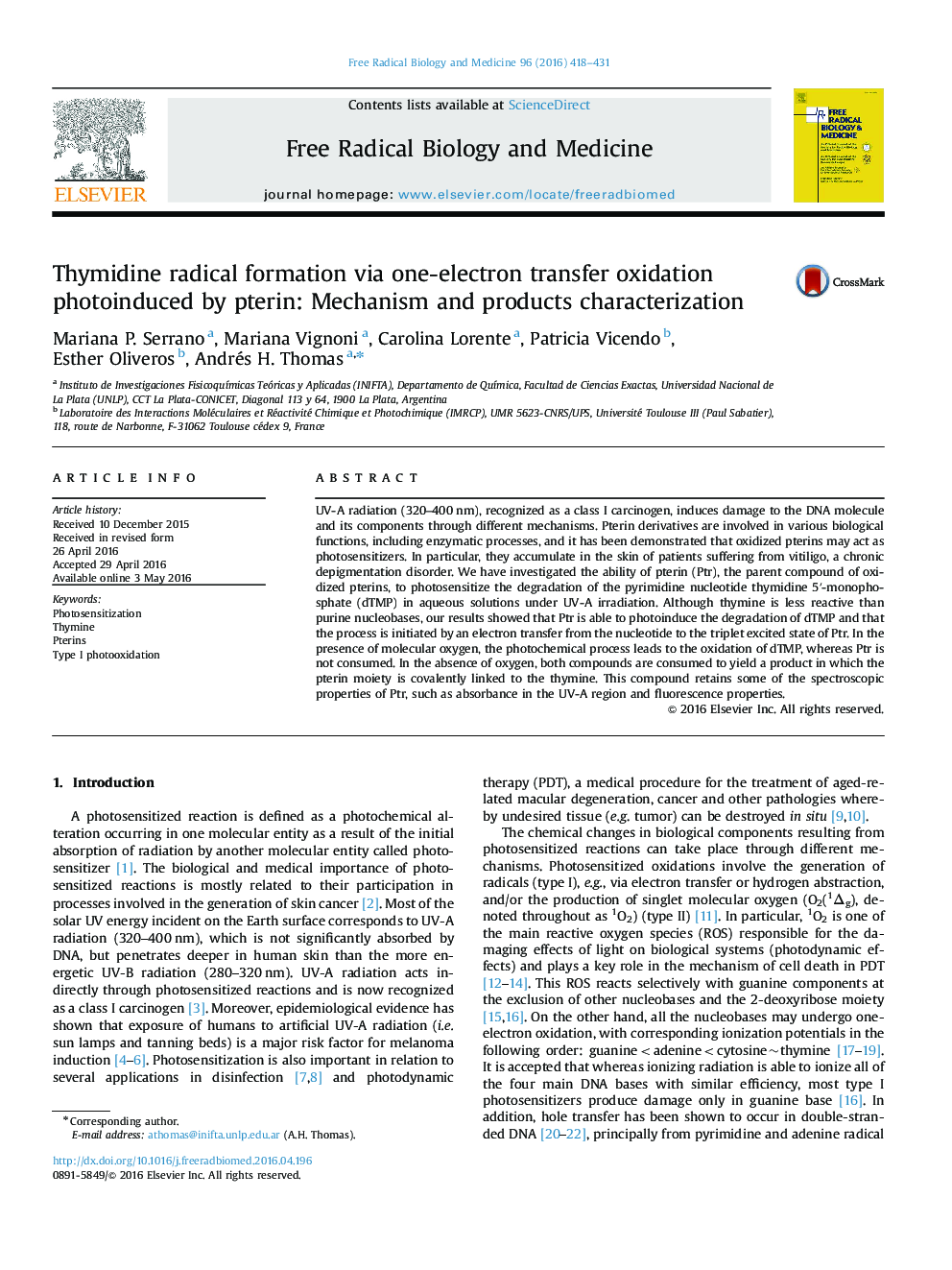 Thymidine radical formation via one-electron transfer oxidation photoinduced by pterin: Mechanism and products characterization