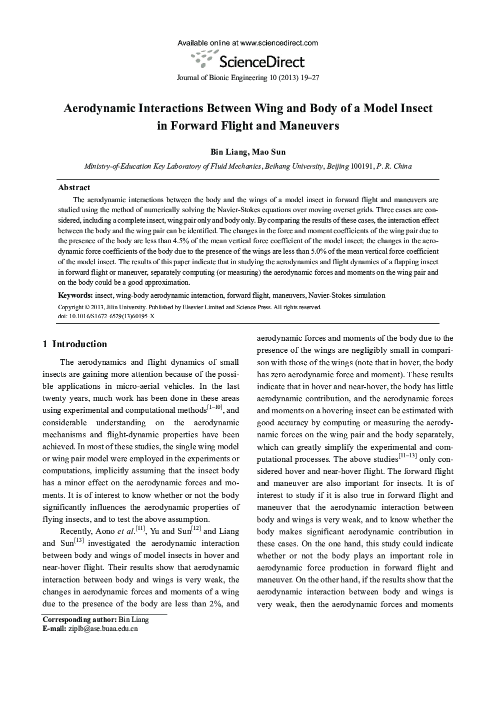 Aerodynamic Interactions Between Wing and Body of a Model Insect in Forward Flight and Maneuvers