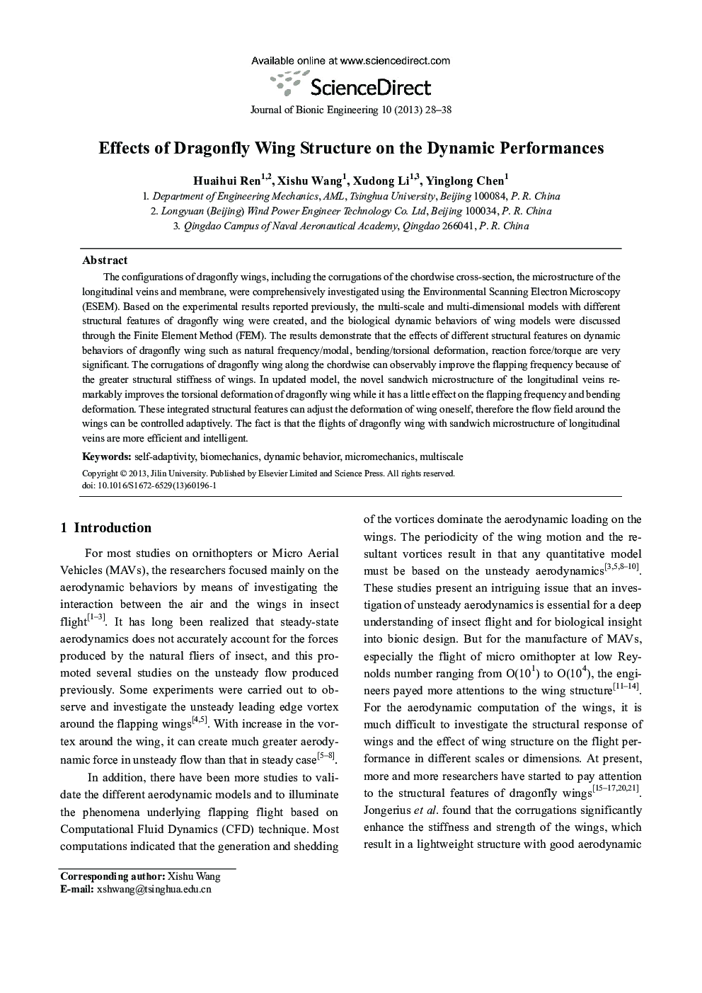 Effects of Dragonfly Wing Structure on the Dynamic Performances