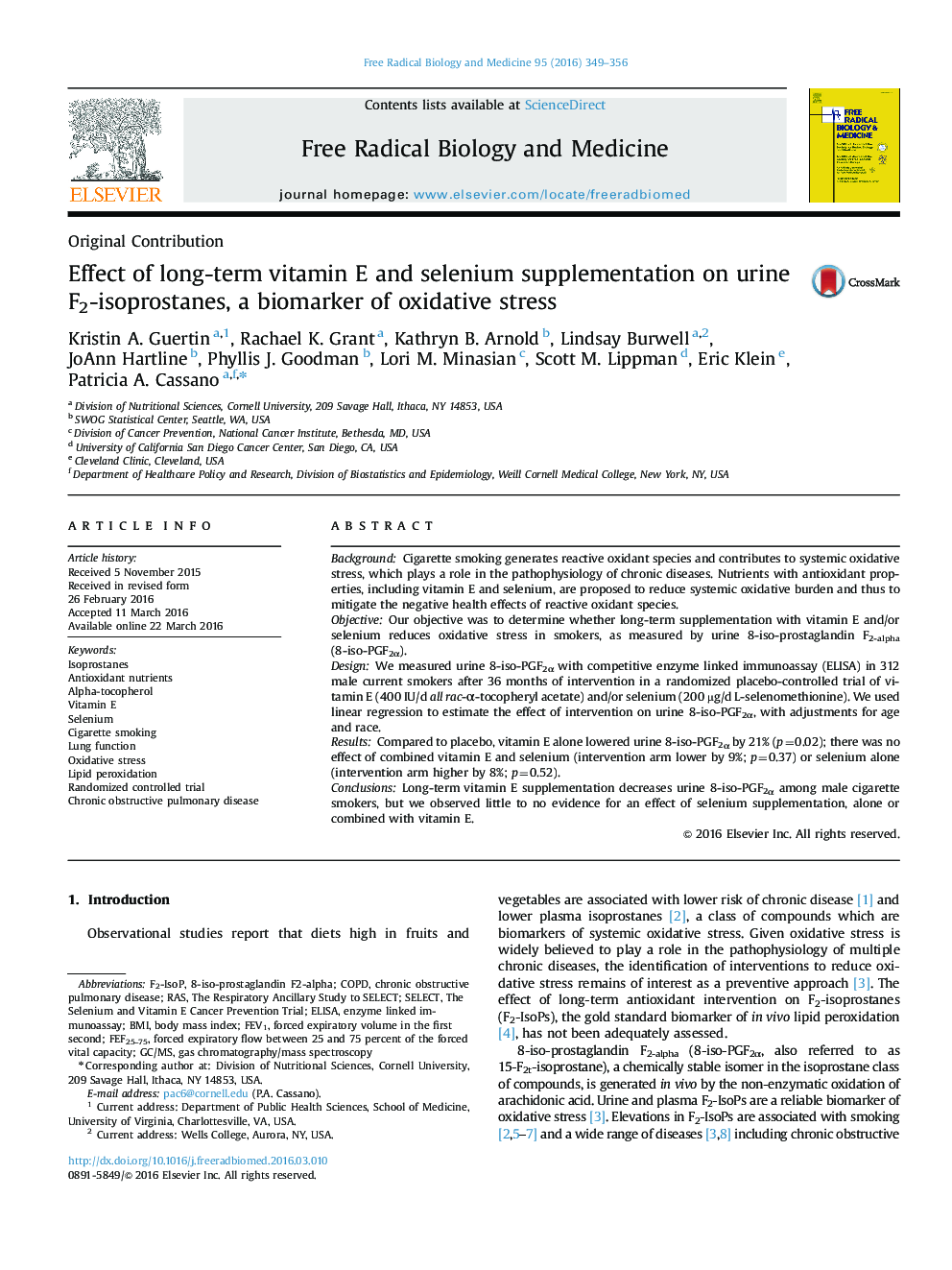 Effect of long-term vitamin E and selenium supplementation on urine F2-isoprostanes, a biomarker of oxidative stress