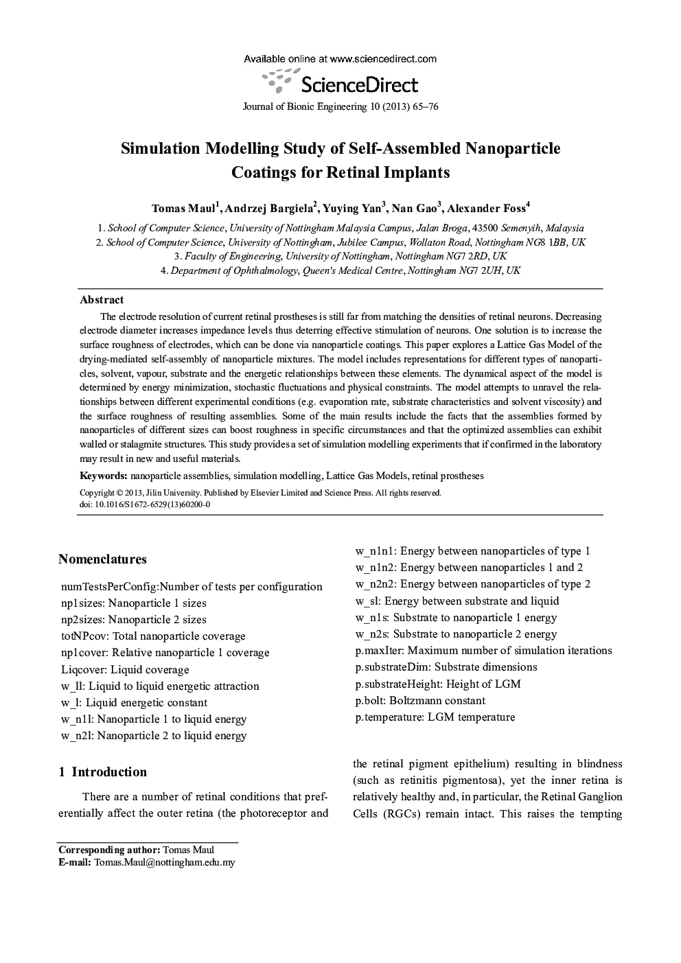 Simulation Modelling Study of Self-Assembled Nanoparticle Coatings for Retinal Implants