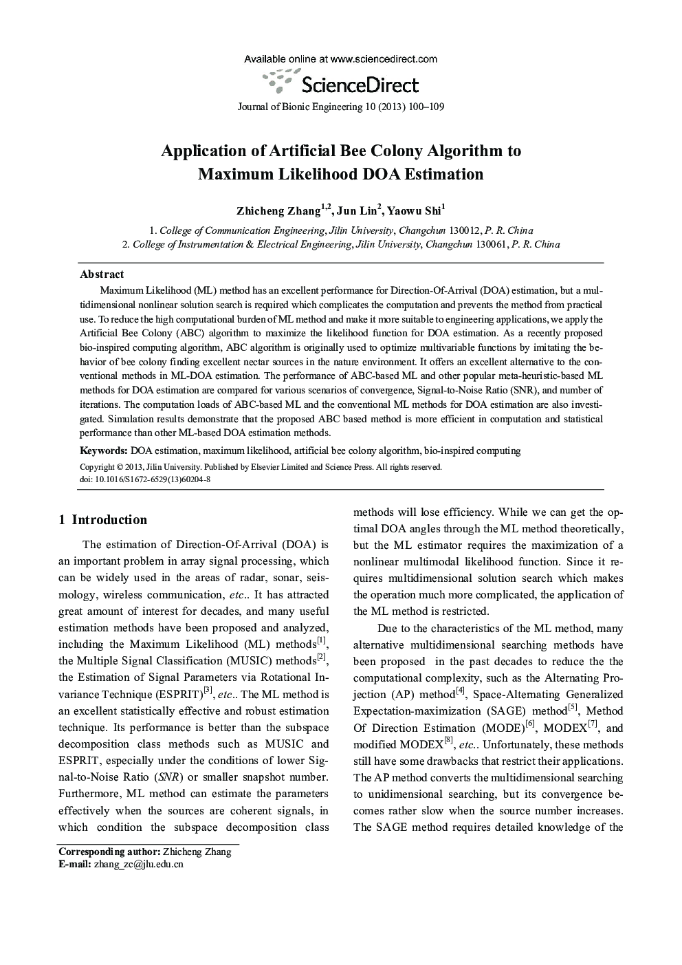 Application of Artificial Bee Colony Algorithm to Maximum Likelihood DOA Estimation