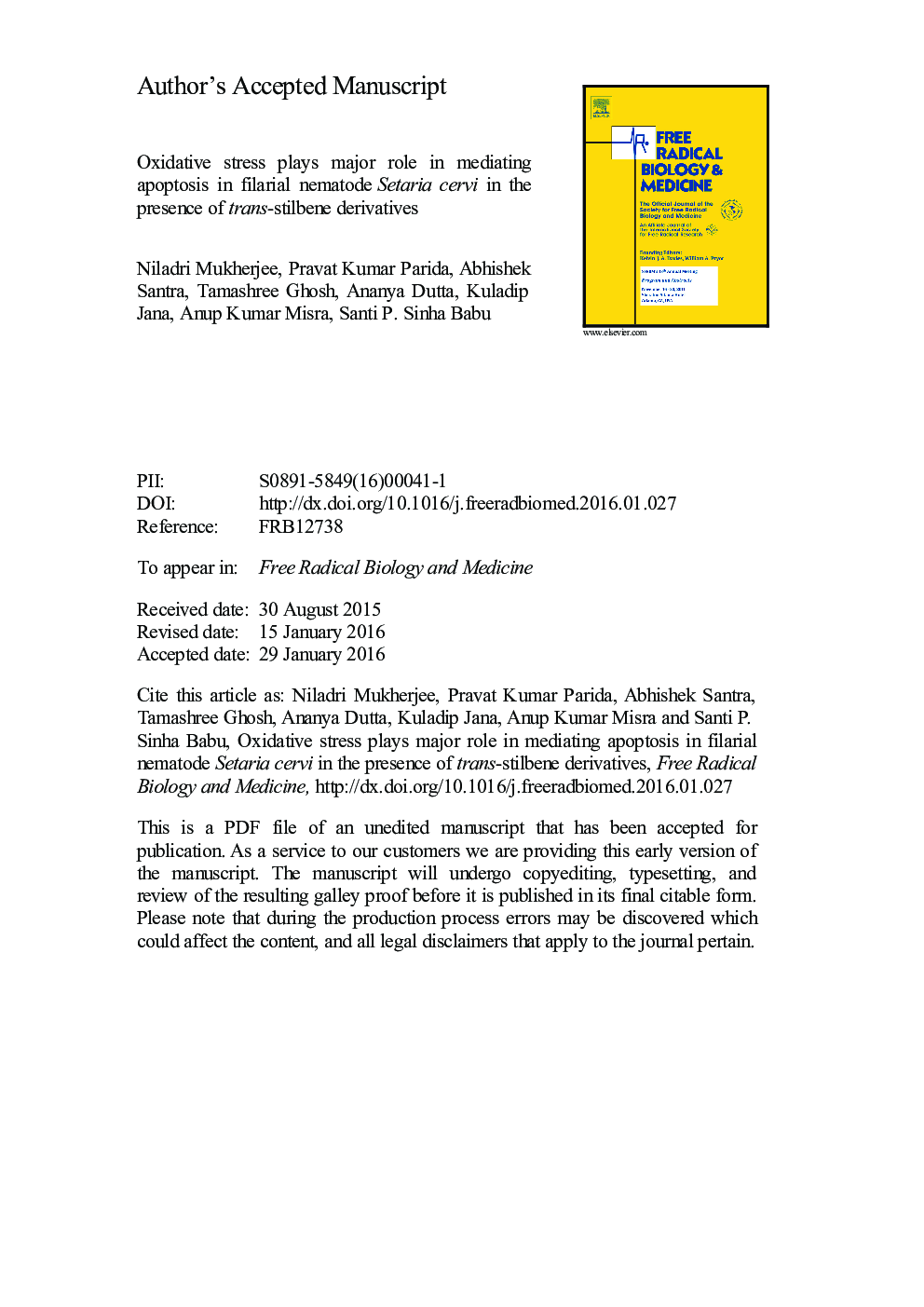 Oxidative stress plays major role in mediating apoptosis in filarial nematode Setaria cervi in the presence of trans-stilbene derivatives