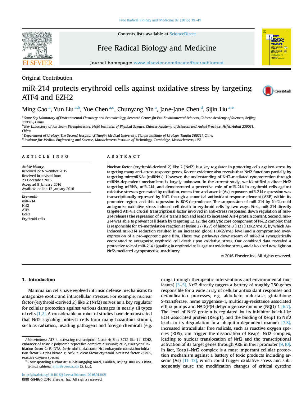 miR-214 protects erythroid cells against oxidative stress by targeting ATF4 and EZH2