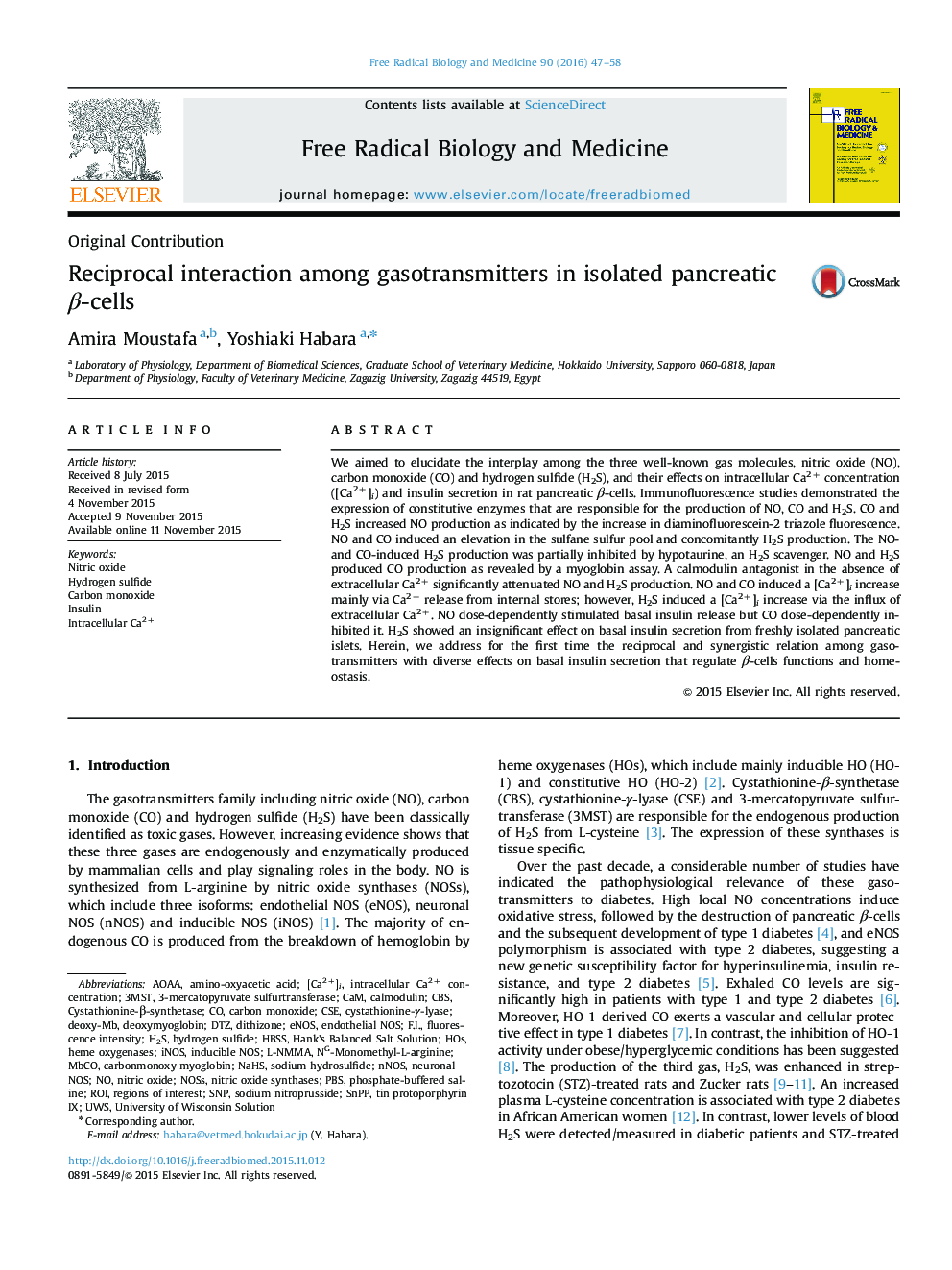 Reciprocal interaction among gasotransmitters in isolated pancreatic Î²-cells