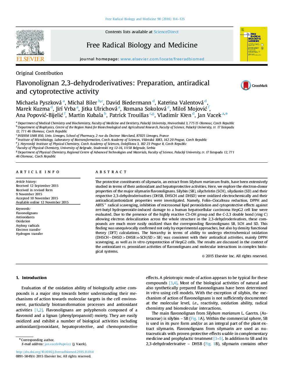 Flavonolignan 2,3-dehydroderivatives: Preparation, antiradical and cytoprotective activity