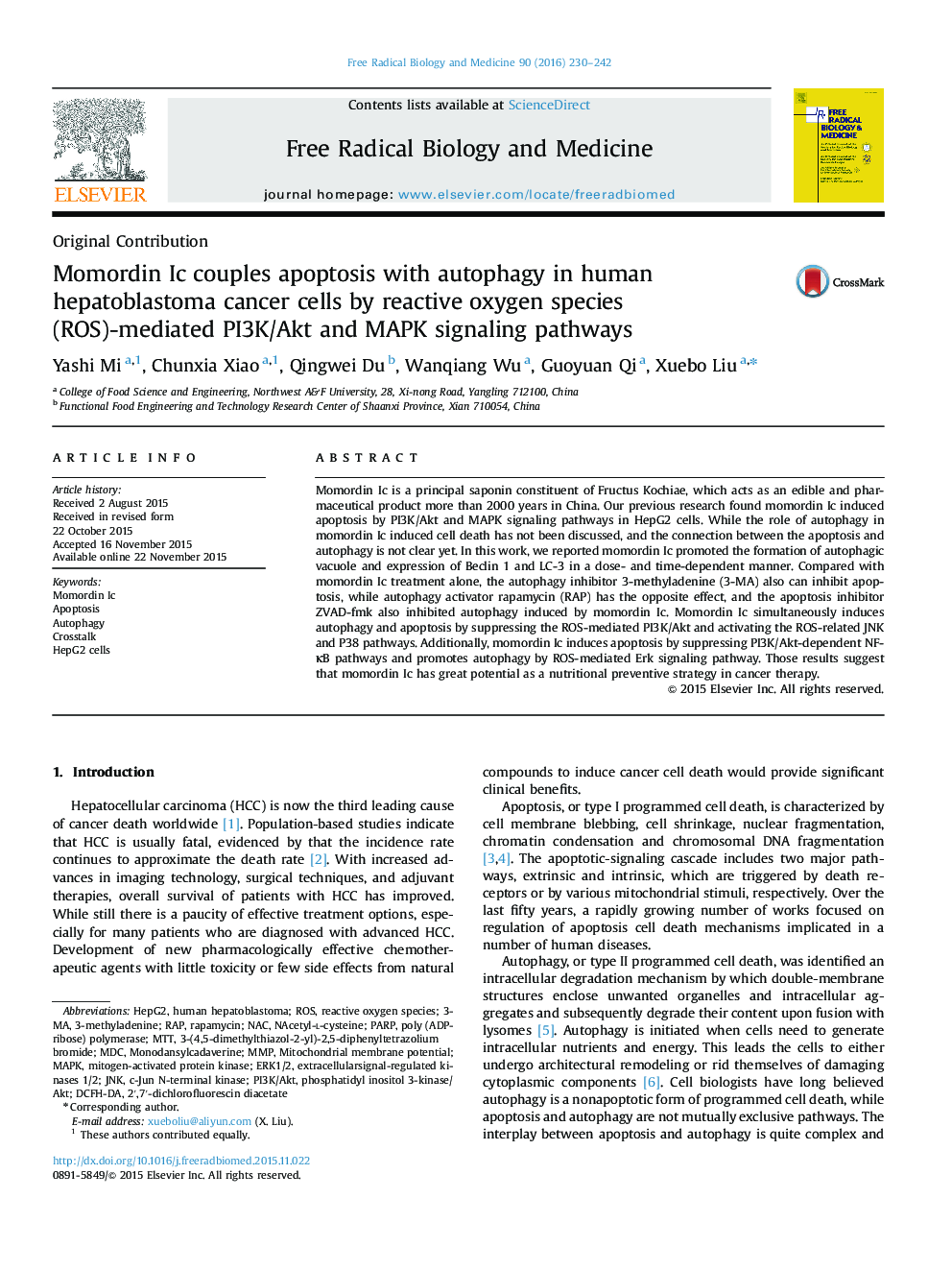 Momordin Ic couples apoptosis with autophagy in human hepatoblastoma cancer cells by reactive oxygen species (ROS)-mediated PI3K/Akt and MAPK signaling pathways