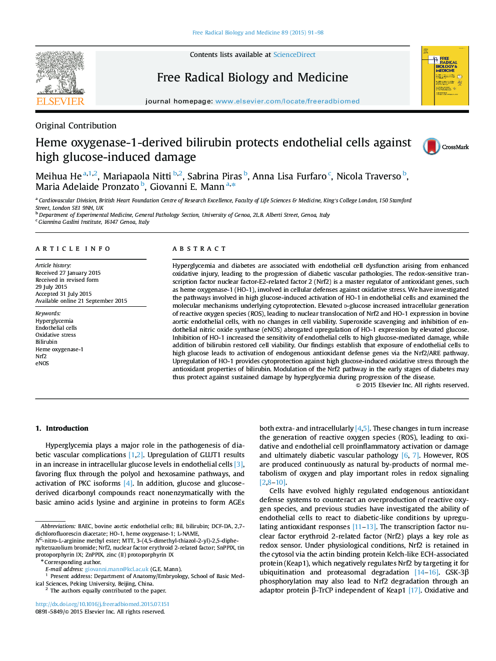 Heme oxygenase-1-derived bilirubin protects endothelial cells against high glucose-induced damage