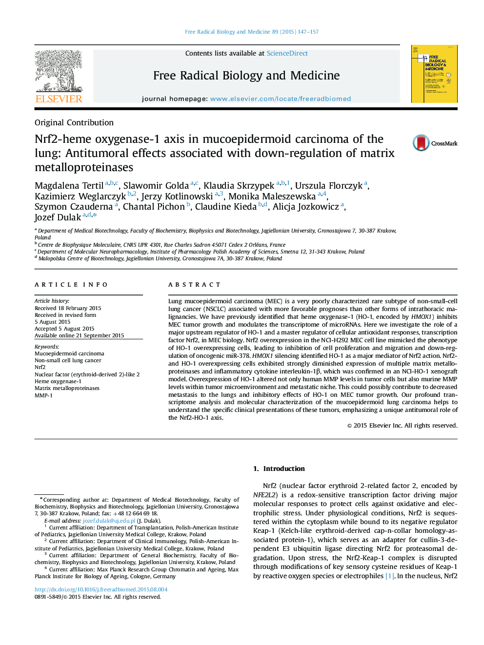 Nrf2-heme oxygenase-1 axis in mucoepidermoid carcinoma of the lung: Antitumoral effects associated with down-regulation of matrix metalloproteinases